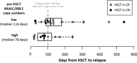 Time from HSCT to relapse according to high (median 78, range 19-244 days) or low (median 116, range 27-543 days) absolute pre-HSCT BAALC/ABL1 copy numbers in relapsed patients (n=28).
