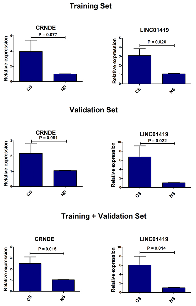 The expression levels of CRNDE and LINC01419 in serum samples between HCC patients and health controls.
