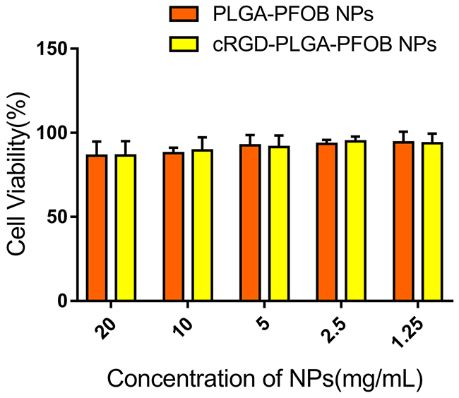 In vitro cytotoxicity of PLGA-PFOB NPs and cRGD-PLGA-PFOB NPs in BRL-3A hepatic cells.