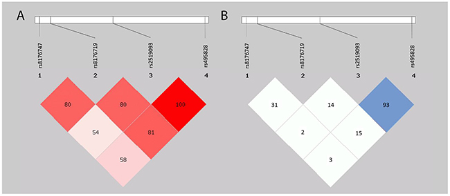 Linkage disequilibrium plots of ABO polymorphisms.