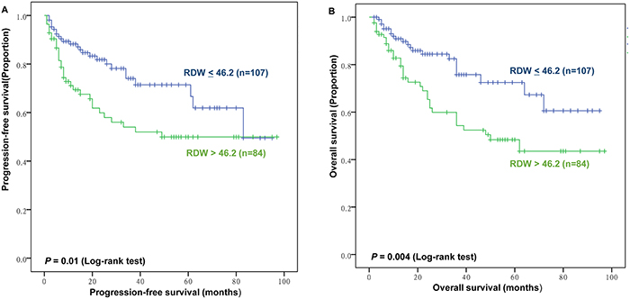 Prognostic value of red blood cell distribution width (RDW) for progression-free survival (PFS) and overall survival (OS).