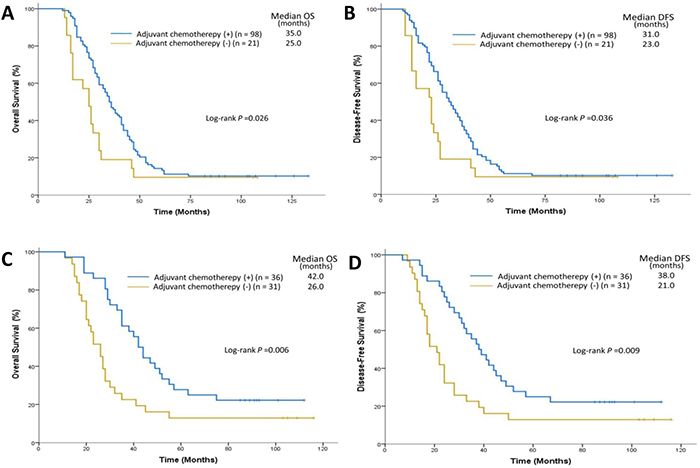 Impact of adjuvant chemotherapy on OS and DFS in patients with stage III ESCC.