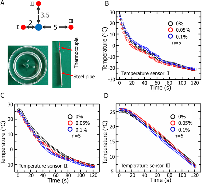 Temperature changes of three representative positions during cryosurgery.