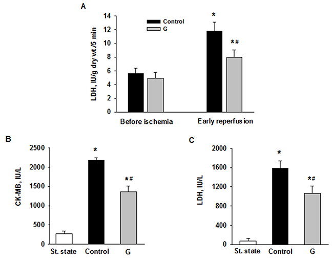 Effects of G administration on necrosis markers in ex vivo and in vivo models of myocardial I/R injury.