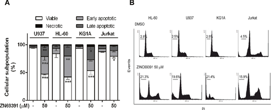 Pro-apoptotic activity of ZINC69391 in human acute leukemia cell lines.