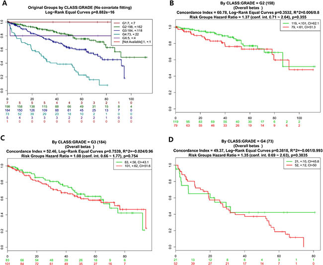 Kaplan-Meier curves and performance of stratification analysis in the kidney cancer data according to tumor grades.