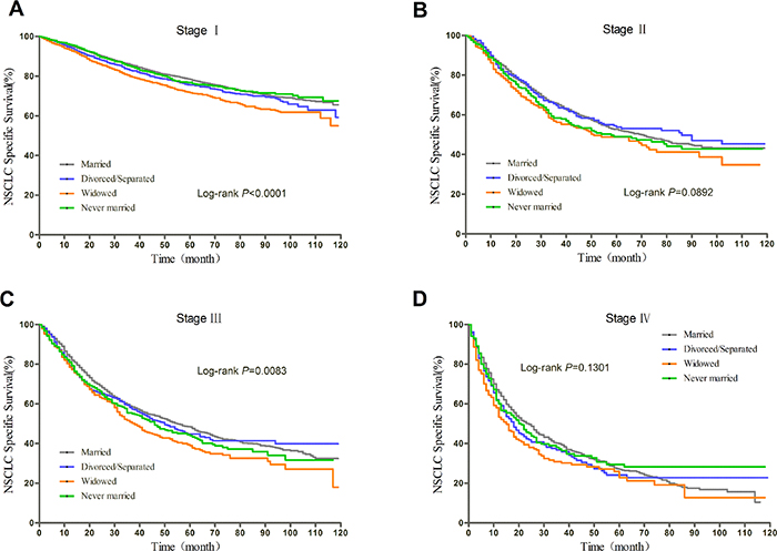 Kaplan-Meier curves of the effect of marital status on CSS for patients with surgery by stage.