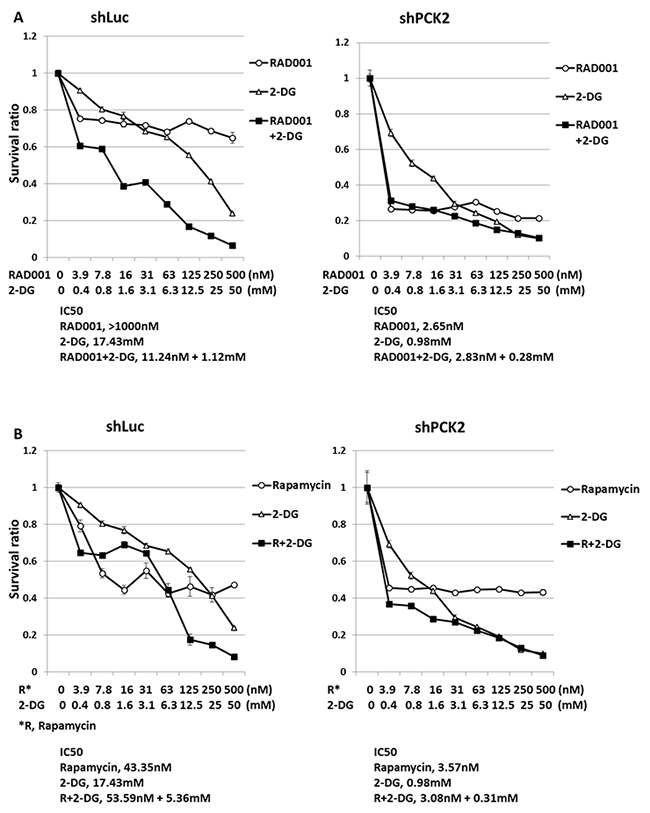 The survival rate of QGP-1 cells with and without knockdown of PCK2 treated with two mTOR inhibitor, 2-DG alone and combination of the two agents.