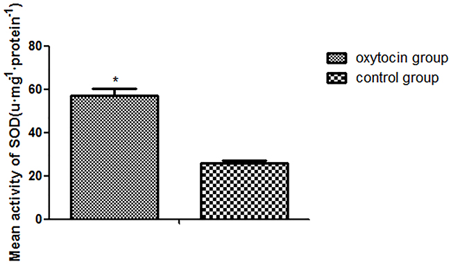 SOD expression levels in the two groups (*p &#x003C; 0.01 vs. the control group).