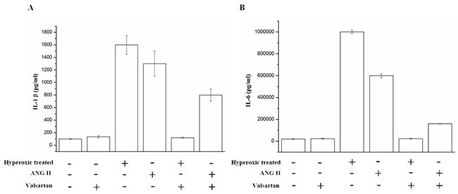 The IL-1&#x03B2; and IL-6 in the supernatant of the A549 cells which were exposed to hyperoxic (Hyperoxic treated), room air(normoxic control) conditions and/or combination with the treatment of adding ANG II or Valsartan, were analyzed by Elisa, Data are expressed as mean&#x00B1;S.D. of three independent experiments.