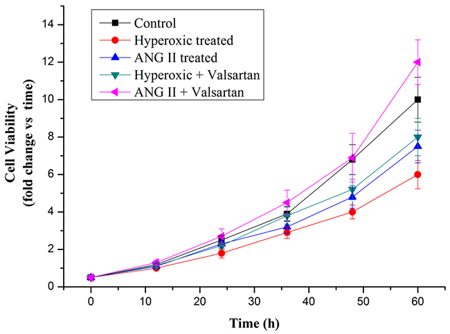 Cell proliferation rate of A549 cells in normoxic condition and in hyperoxic condition as measured by MTT assay.