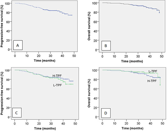 Kaplan-Meir progression-free survival (A) and overall survival curves (B) for all 210 patients with locoregionally advanced NPC and progression-free survival (C) and overall survival curves (D) for the patients stratified by neoadjuvant chemotherapy regimen.