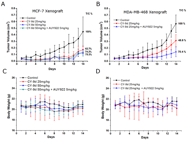 AUY922 combined with CY-9d suppressed breast cancer growth in vivo.