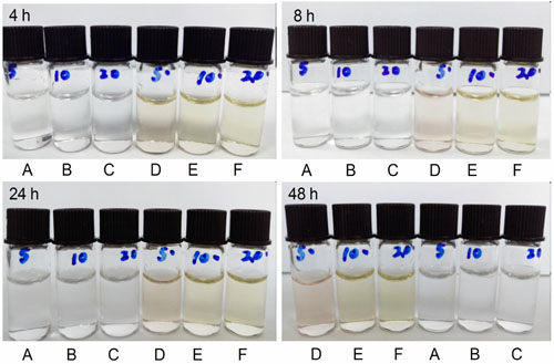 The color changes of the azasetron-dexamethasone mixtures at 4 hr, 8 hr, 24 hr and 48 hr after preparation.