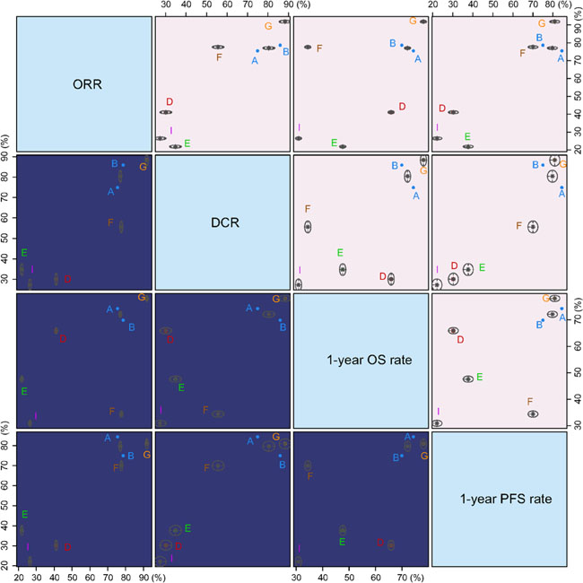 Cluster analysis diagrams of ORR, DCR, 1-year OS rate, and 1-year PFS rate.