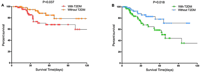 Survival curves of the with T2DM and without T2DM groups in the propensity matched cohort.