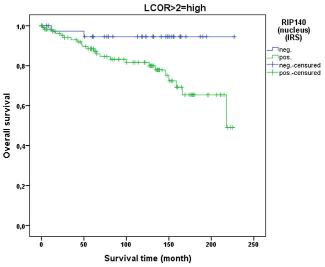 OS in patients with cervical cancer and high LCoR expression (IRS&#x003E;2) classified by positive (n=113) and negative (n=40) RIP140 status.