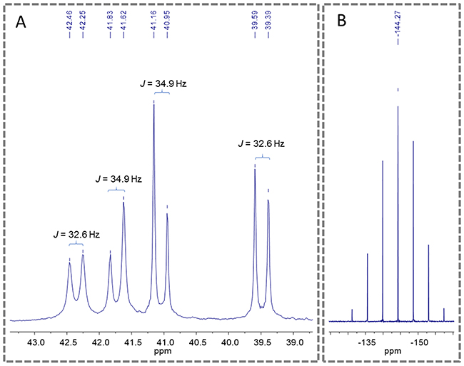 31P{1H} NMR spectra of the complex 2 (d6-acetone), where (A) show the doublets of the phosphorous of diphosphine and (B) show the multiplet signal of PF6-.