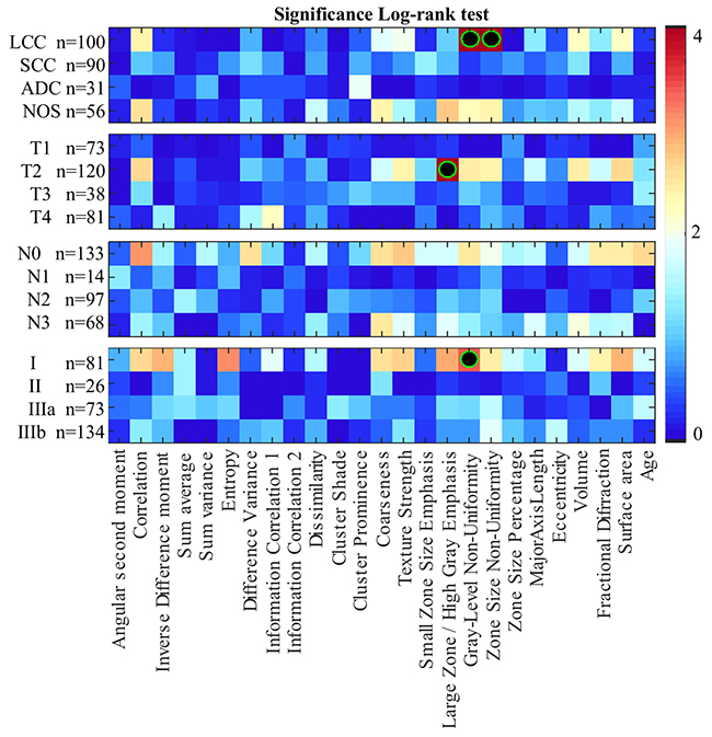 Heatmap of log-rank test p-values (&ndash;log10 scale) using features to separate patients in two groups: those with feature values less than the median, and those with values above or equal to the median.