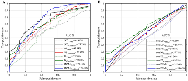Mean ROC curves and AUC obtained by the random forest models for predicting the survival group (i.e., below or above median survival time) using only demographic and TNM staging information (TNM), or combined with radiomic features (Combined).