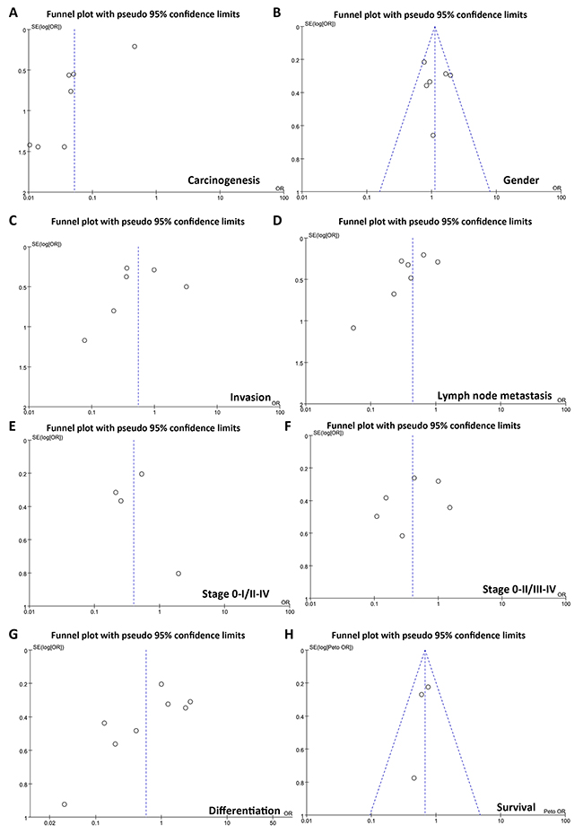 Funnel plot for publication bias test between fascin expression and gastric carcinogenesis or subsequent progression.