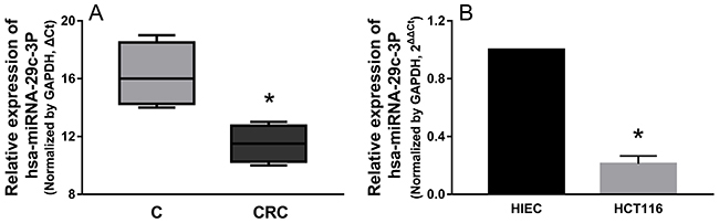 hsa-miR-29c-3p was down-regulated in CRC tissues and cell lines.