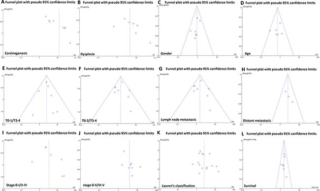 Funnel plot for publication bias test between FHIT expression and gastric carcinogenesis or progression.