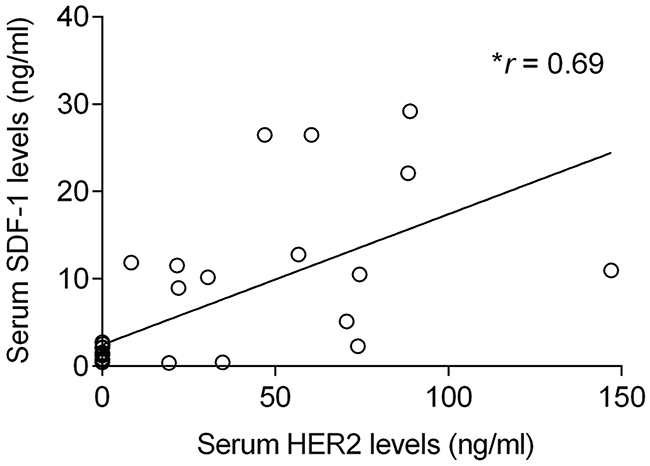 Elevated serum SDF-1 levels are associated with high circulating HER2 levels in cats with mammary carcinoma.