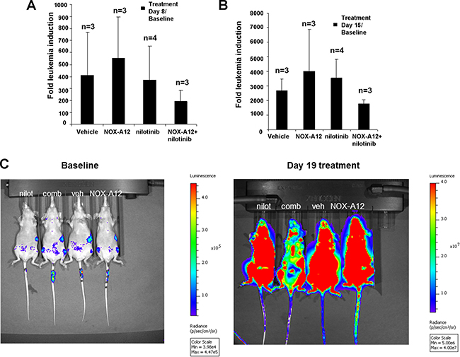 NOX-A12 potentiation of effects of ABL inhibition against BCR-ABL-positive cells in vivo: Effects on total body leukemia burden.