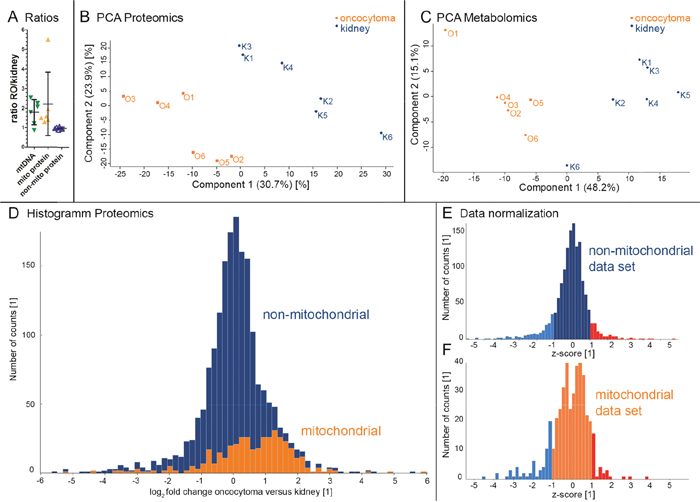 Evaluation of metabolome and proteome profiles by PCA and the distribution of mitochondrial- and non-mitochondrial proteins in renal oncocytomas (RO) versus controls.