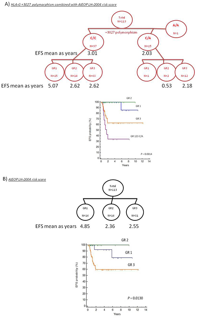 Kaplan Meier survival analysis comparing algorithms based on the HLA-G genotype and AIEOP LH-2004 risk score classification.