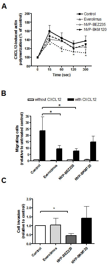 PI3K/Akt/mTOR inhibitors effect on CXCL12-induced MCL cell migration and invasion.