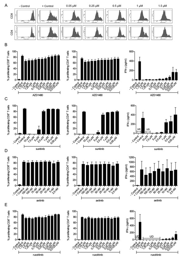 AZD1480 and ruxolitinib do not affect proliferation of murine T cells but negatively impact on their IFN-&#x3b3; secretion in vitro.