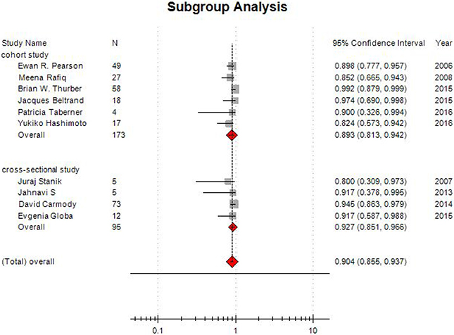 Funnel plot of subgroup analysis on treatment success rate.