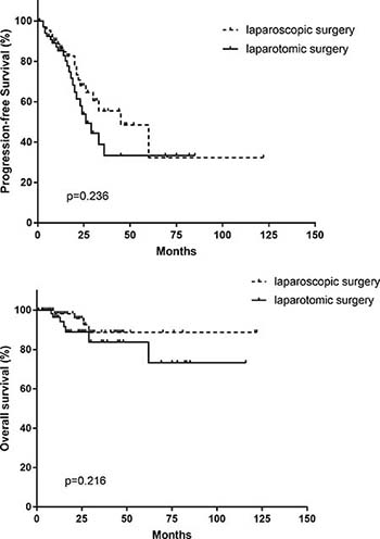 Progression-free survival and overall survival in laparoscopic vs. laparotomiccytoreductive surgery groups.