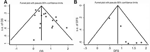Funnel plot for the assessment of potential publication bias regarding OS and DFS in the meta-analysis.