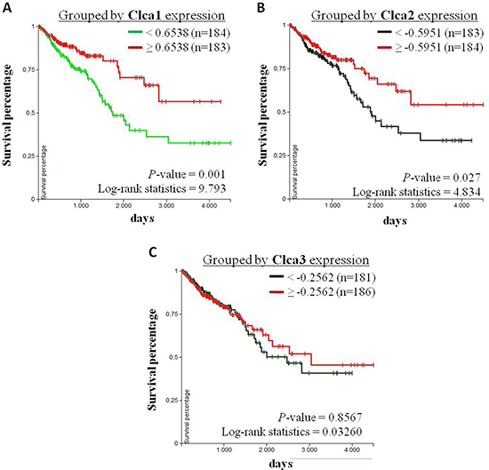 Correlation analysis of Clca isoform expression levels with overall survival of CRC patients.