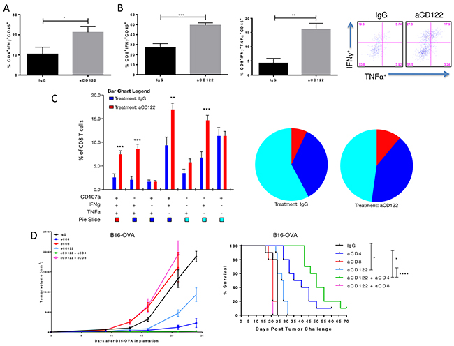 CD122 mAb treatment of B16-OVA tumors increased the frequency and function of specific inflammatory cytokine production of tumor infiltrating T cells and efficacy is dependent on CD8&#x002B; T cells.
