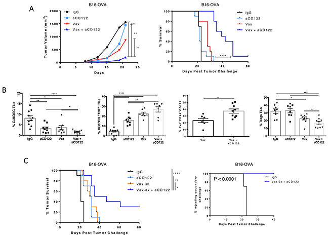 CD122 mAb synergized with a tumor vaccine to inhibit the growth of B16-OVA tumors.