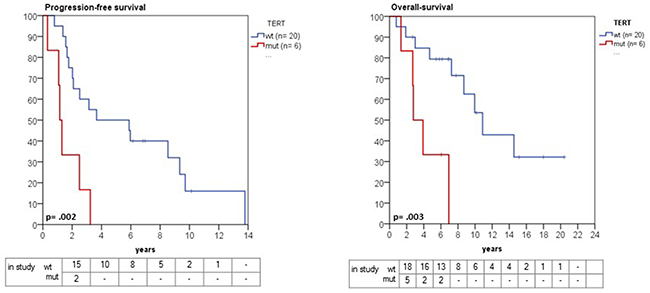 Kaplan-Meier estimates of progression and overall survival in grade II and III meningioma in relation to TERTp mutation status.