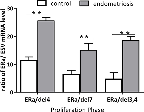 In the proliferative phase, the ratio of wt-ER&#x03B1;:ER&#x03B1; EL.4, wt-ER&#x03B1;:ER&#x03B1;DEL.7 and wt-ER&#x03B1;:ER&#x03B1;DEL.3,4 were significantly higher in endometriosis patients compared with the control group.