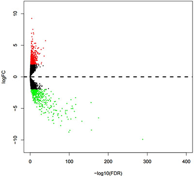 Volcano plot of differentially expressed lncRNAs (DELs) in kidney renal papillary cell carcinoma (KIRP).