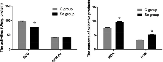 The effects of Se on levels of SOD, GSH-Px, MDA and ROS of oral squamous carcinoma cells.