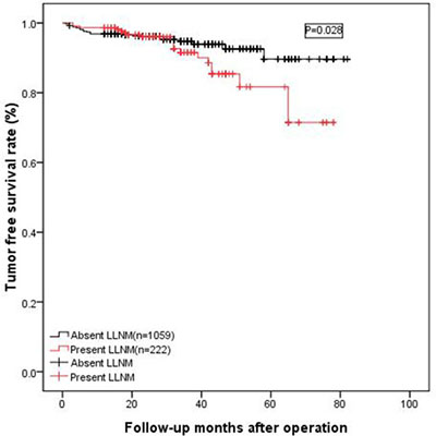 The tumor-free survival rate of patients without preoperative LLNM was significantly lower than that of patients with preoperative lateral LNM (p = 0.028)