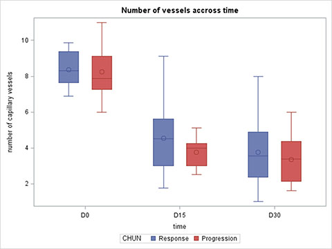 Capillary density at Day 0, Day 15 and Day 30 according to response to treatment.