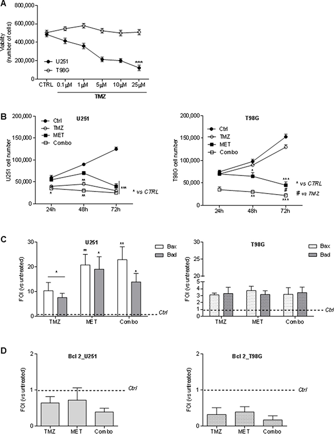 Temozolomide and metformin effects on U251 and T98G cells viability and apoptosis.