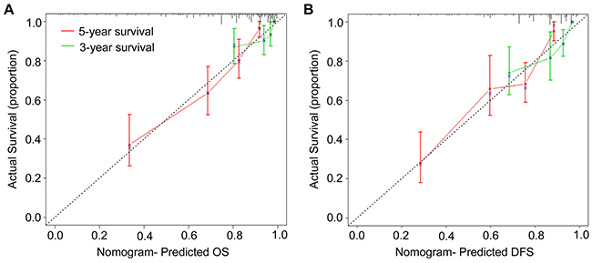 Calibration curves for the nomogram.