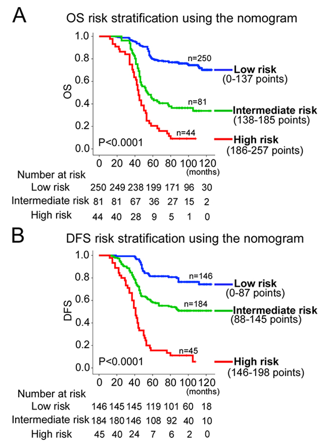 Kaplan-Meier survival analysis of OS and DFS according to three risk groups.