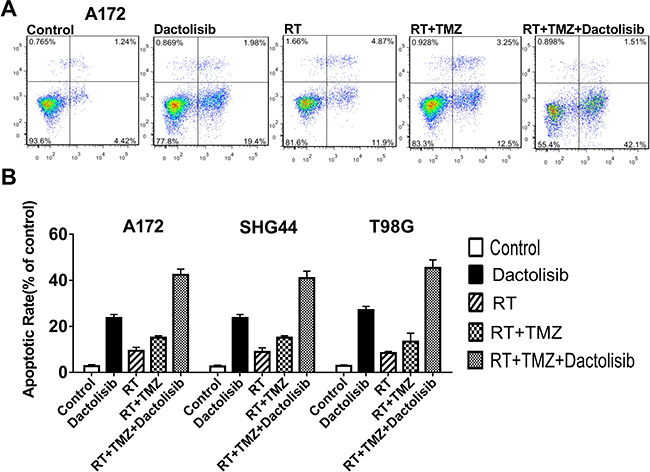 Dactolisib enhances the pro-apoptotic effect of TMZ+RT in glioma cells.