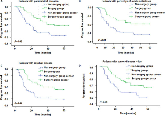 Progress free survival in patients with different risk factors in surgery and non-surgery groups.